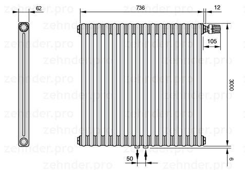 Схема (чертеж) Радиатор Zehnder Charleston 2300/16 №V008 Белый глянцевый RAL 9016